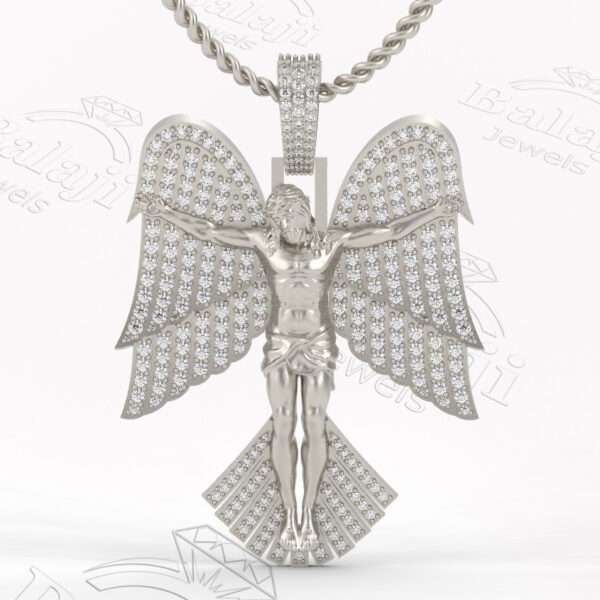 Jesus Crucifix Angel Wings necklace, silver jesus cross necklace, diamond jesus cross pendant, jesus cross necklace, mens jesus cross necklace