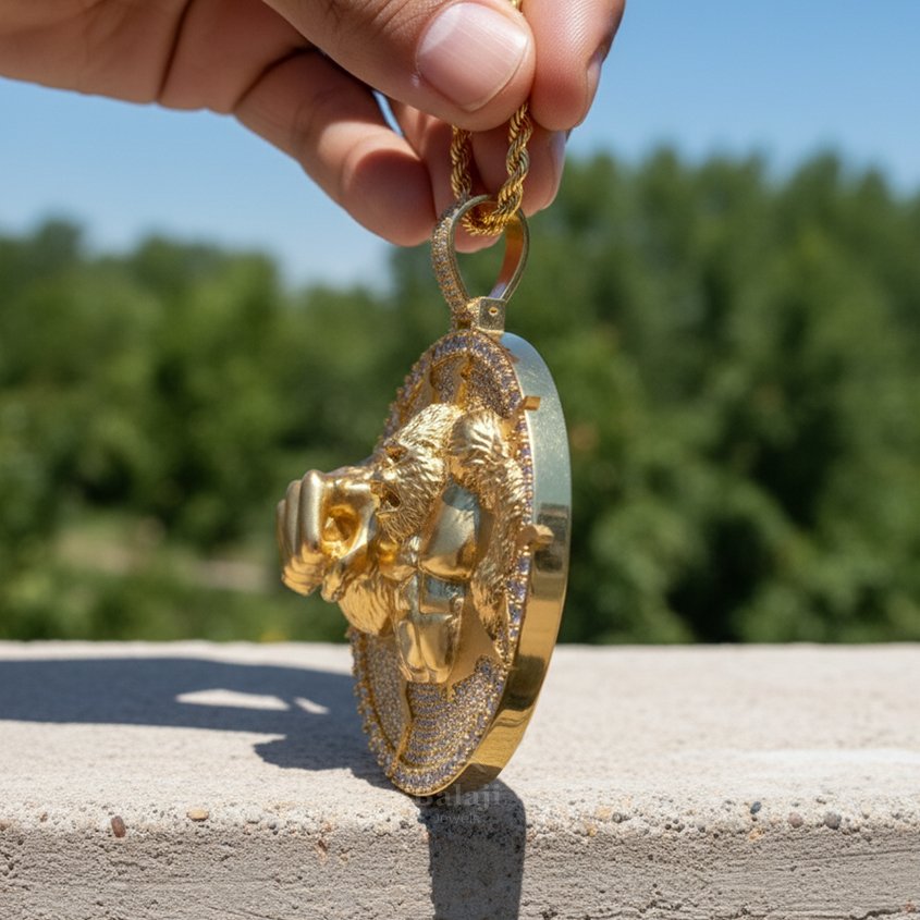 thumbnail image 2 of HarlemBling Solid 925 Sterling Silver Gorilla Pendant – 14k Gold Plated, Iced CZ Stones, Made In Italy 2 of 6